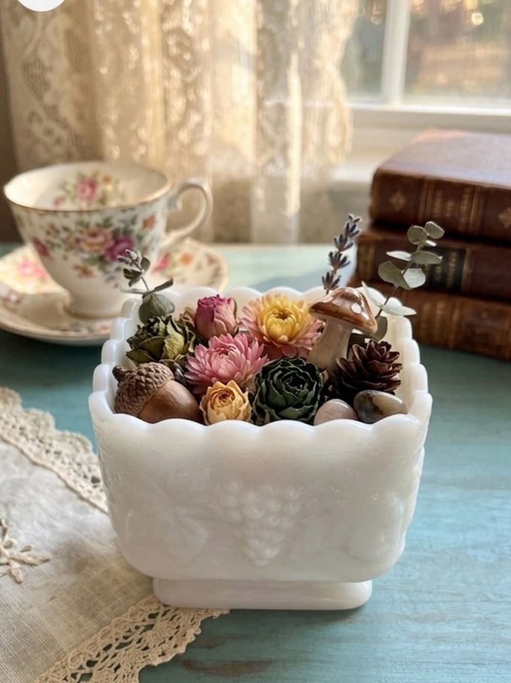 Anchor Hocking Milk Glass White Embossed Grape Design‎ Vase Dish